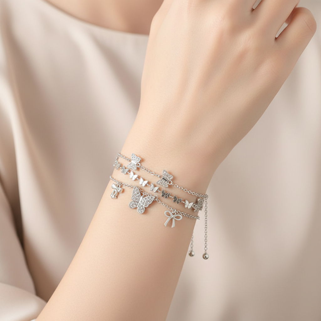 Elegant 3-Piece Butterfly & Bow Charm Bracelet Set (RBT-2371R6)