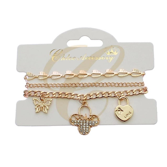 3-Piece Bohemian Layered Anklet Set with Butterfly, Heart, and Clover Charms (RBT-2372GS)