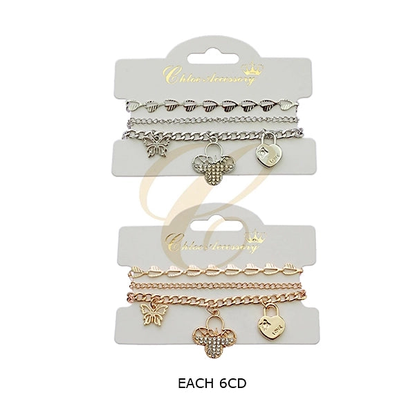 3-Piece Bohemian Layered Anklet Set with Butterfly, Heart, and Clover Charms (RBT-2372GS)