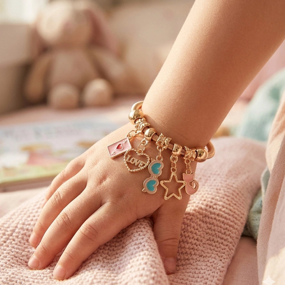 Kids' Adjustable Charm Bracelet - Heart, Star, & Kitten Enamel Charms (RBT-2382R)