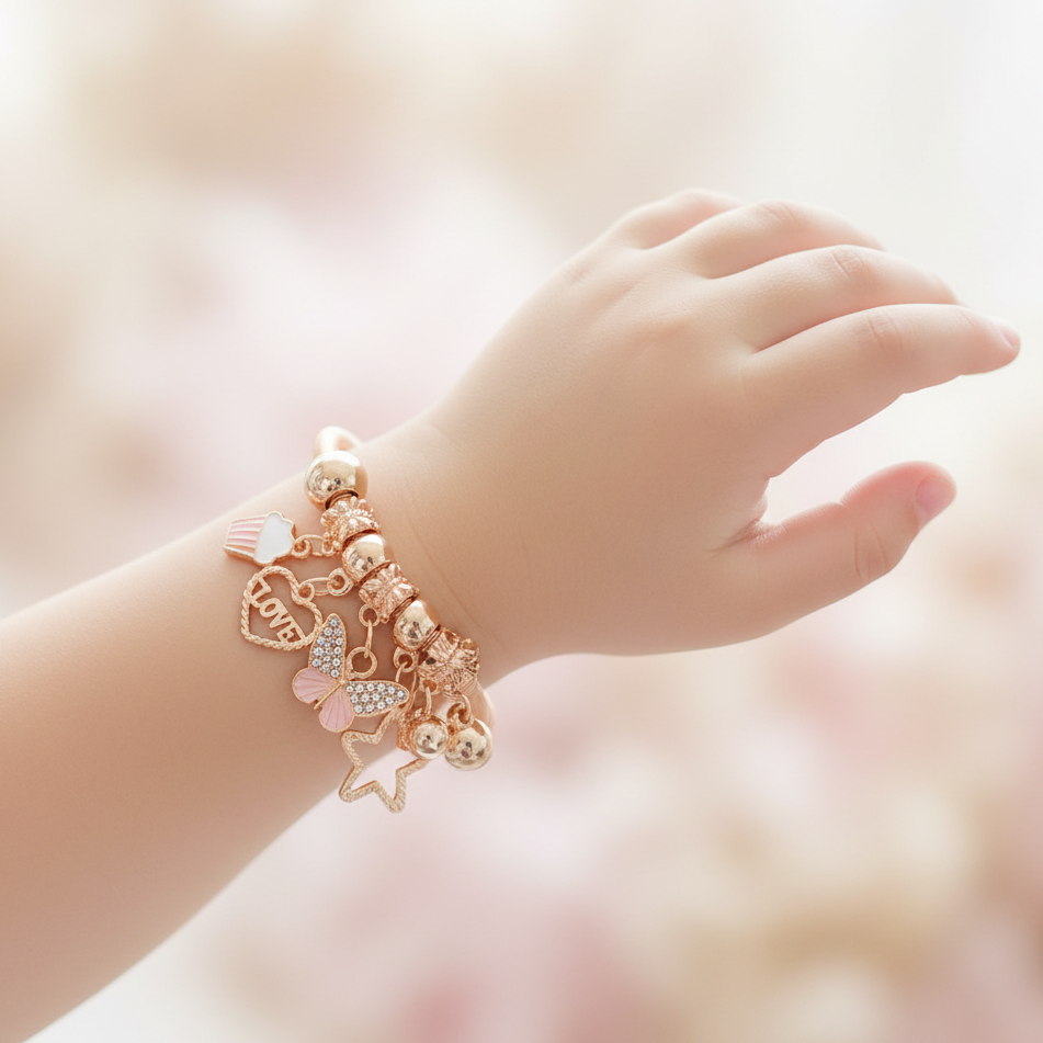 Kids Charm Bracelet - Expandable Coiled Bangle with Butterfly, Heart, and Cupcake Charms - Gold, Silver, & Rose Gold Finishes (RBT-2388R)
