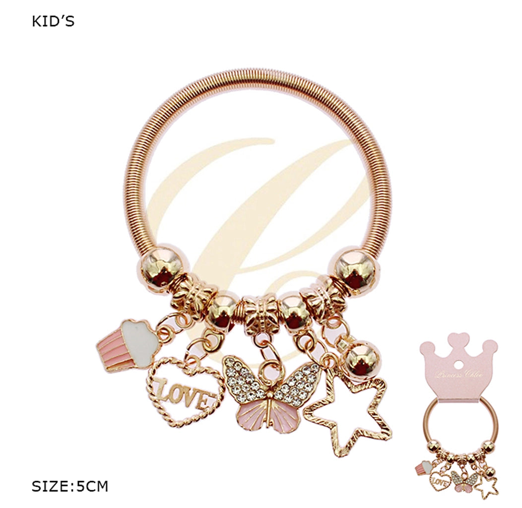 Kids Charm Bracelet - Expandable Coiled Bangle with Butterfly, Heart, and Cupcake Charms - Gold, Silver, & Rose Gold Finishes (RBT-2388R)