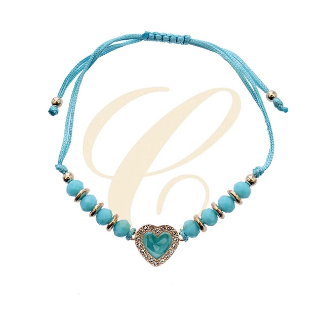 Heart Charm Adjustable Beaded Bracelet - Wholesale 12 Piece Multi-Color Set (RBT-2424R)