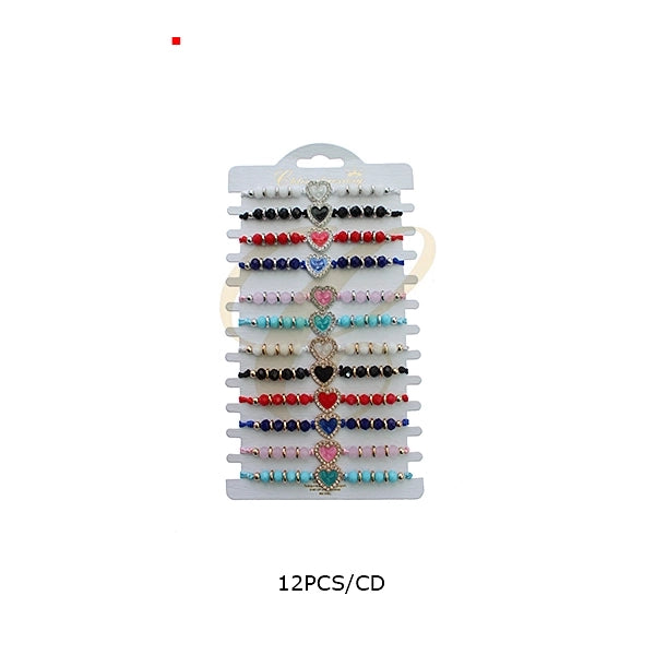 Heart Charm Adjustable Beaded Bracelet - Wholesale 12 Piece Multi-Color Set (RBT-2424R)