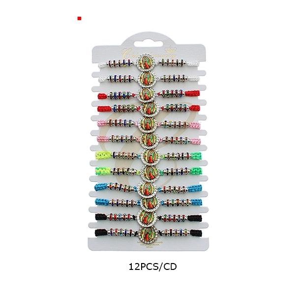 12-Pack Virgin of Guadalupe Braided Bracelets – Adjustable Religious Jewelry Set with Rhinestone Accents and Multi-Color Beads (RBT-2435R)