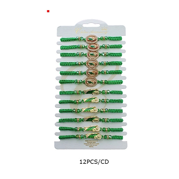 San Judas Tadeo Green Macrame Adjustable Bracelet – 12-Piece Bulk Religious Jewelry Set with Crystals (RBT-2437R)