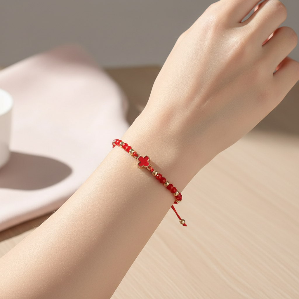 Lucky Four-Leaf Clover Beaded Bracelet Set – Adjustable Red String & Crystal Charms (RBT-2440R)