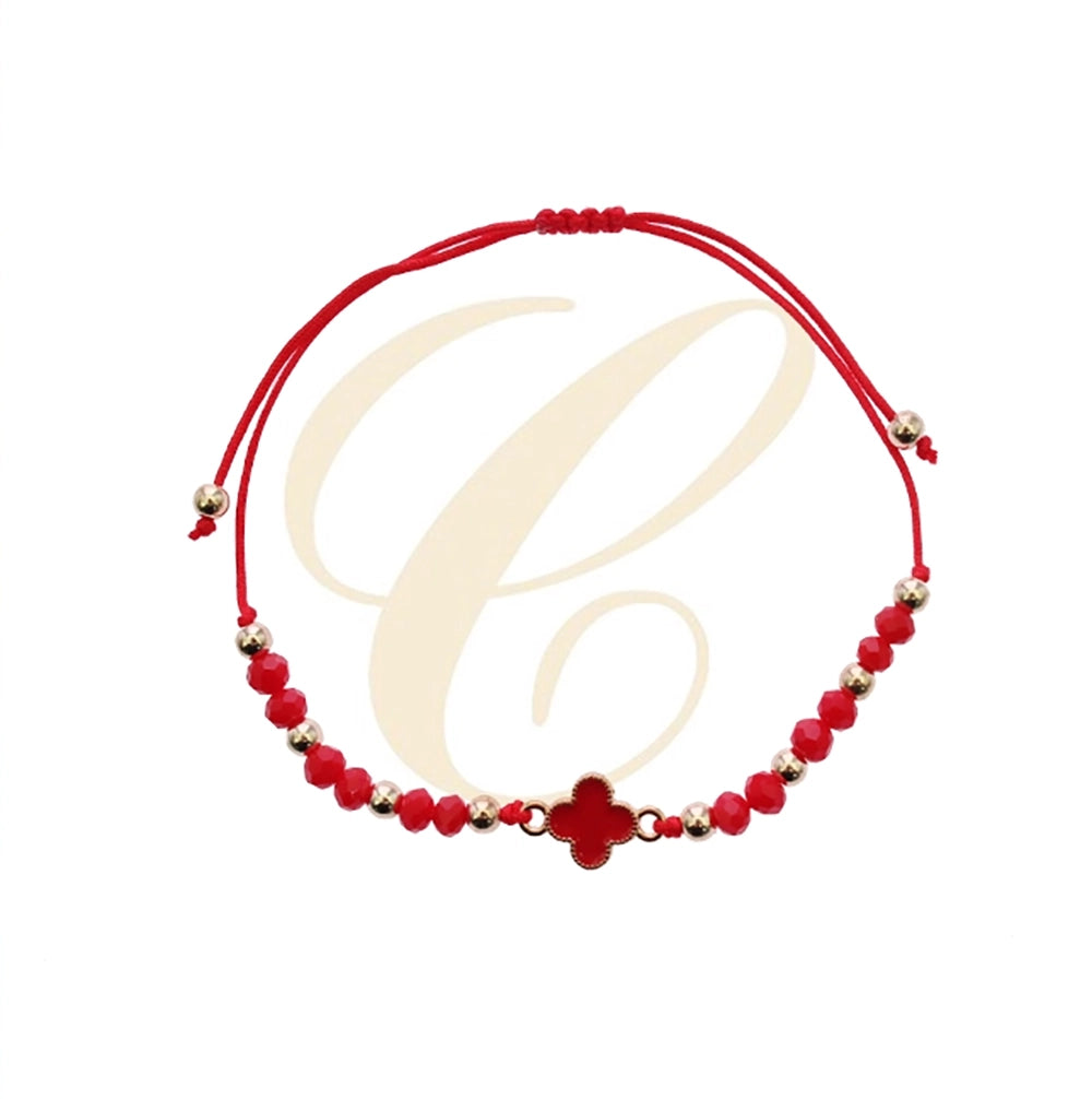 Lucky Four-Leaf Clover Beaded Bracelet Set – Adjustable Red String & Crystal Charms (RBT-2440R)
