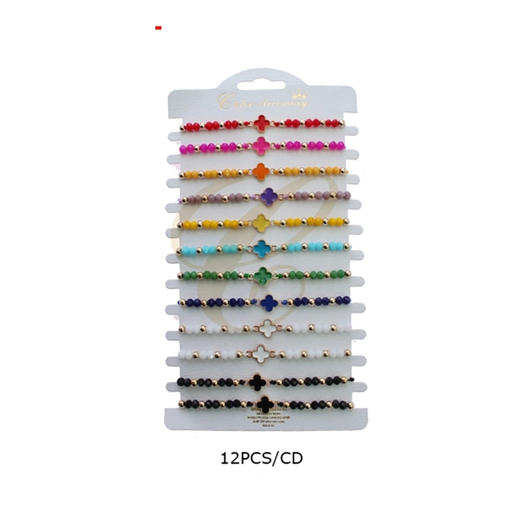 Lucky Four-Leaf Clover Beaded Bracelet Set – Adjustable Red String & Crystal Charms (RBT-2440R)