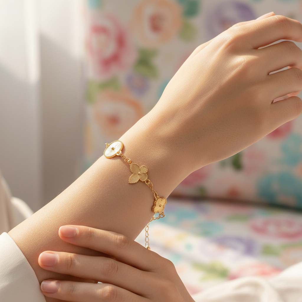 Delicate Floral & Butterfly Station Charm Bracelet – Adjustable Gold & Silver Tone Chain Jewelry (24 cm) (RBT-2451GS)