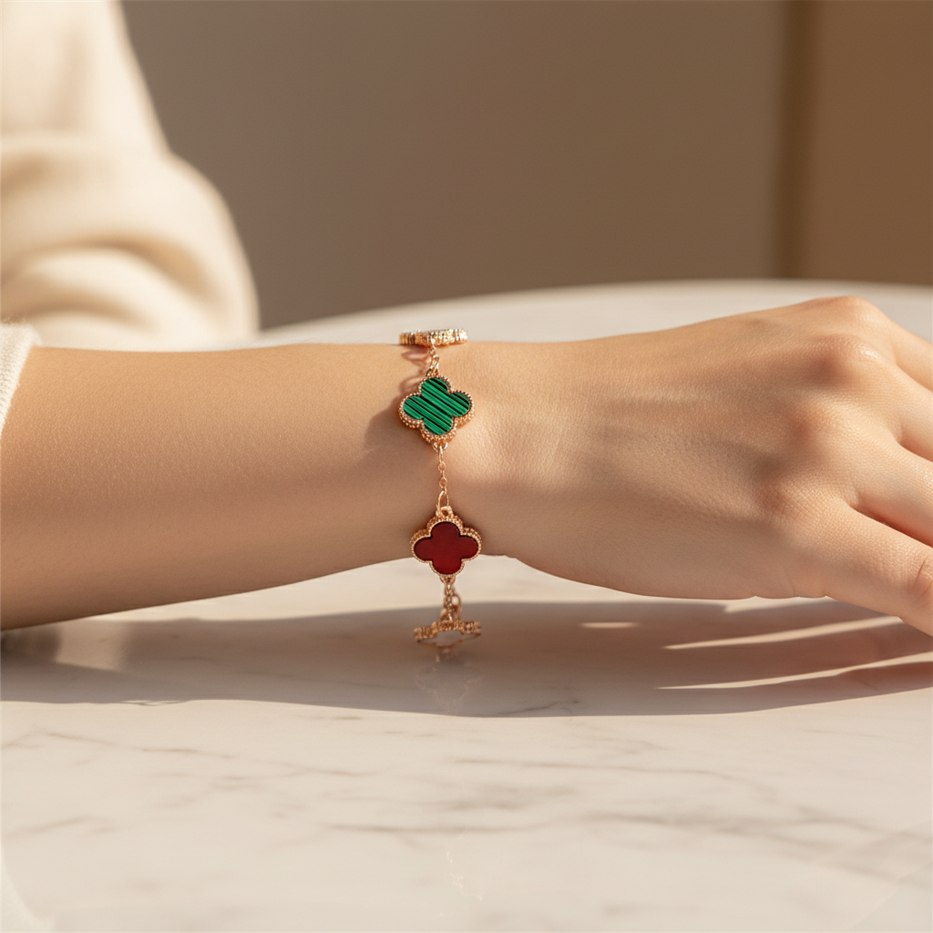 Multicolor Four-Leaf Clover Charm Bracelet | Gold & Silver Plated Lucky Floral Chain Bracelet for Women (RBT-2452R)