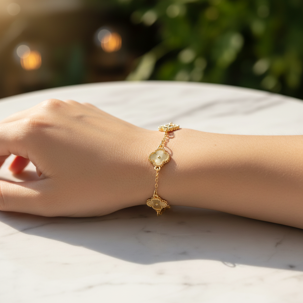 Elegant 4-Leaf Clover Station Bracelet / Anklet for Women – Adjustable Gold & Silver Tone Lucky Floral Charm Jewelry (24cm) (RBT-2454GS)