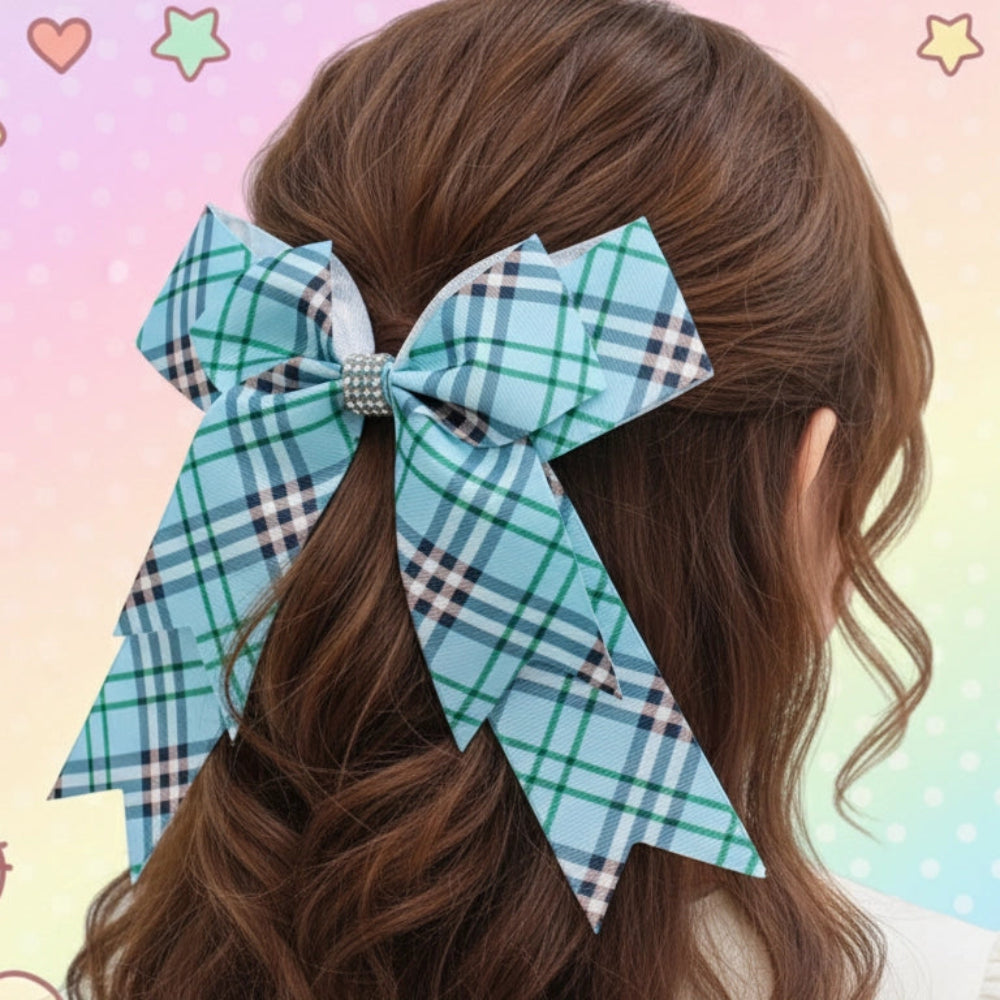 Glam Plaid Long Tail Bow Clip with Rhinestone - 14.5CM