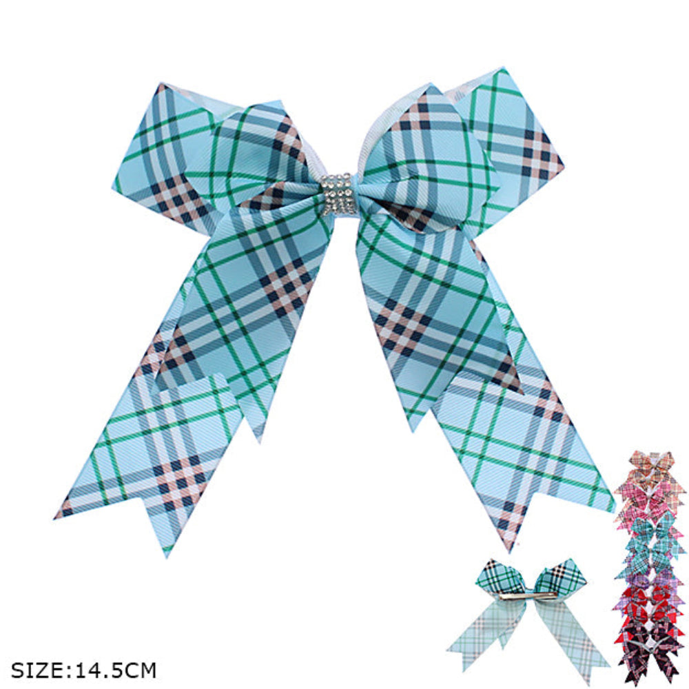 Glam Plaid Long Tail Bow Clip with Rhinestone - 14.5CM