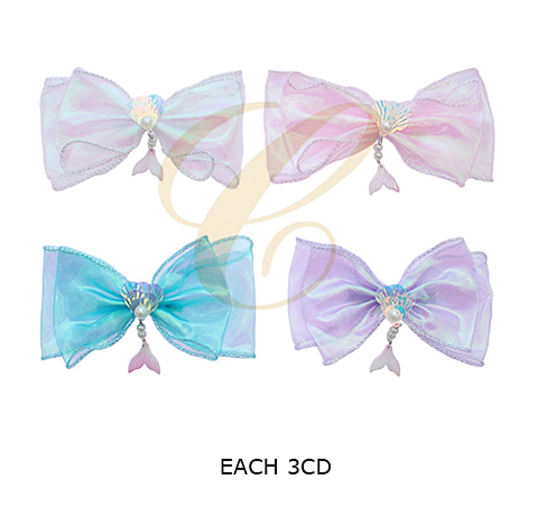 13cm Iridescent Mermaid Organza Hair Bow with Shell & Pearl Tail Charm (RBW-0821R)