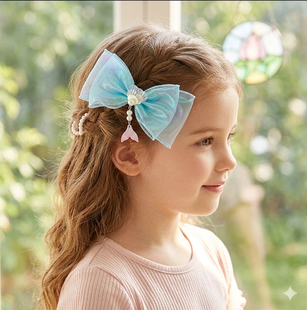 13cm Iridescent Mermaid Organza Hair Bow with Shell & Pearl Tail Charm (RBW-0821R)