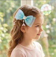 13cm Iridescent Mermaid Organza Hair Bow with Shell & Pearl Tail Charm (RBW-0821R)