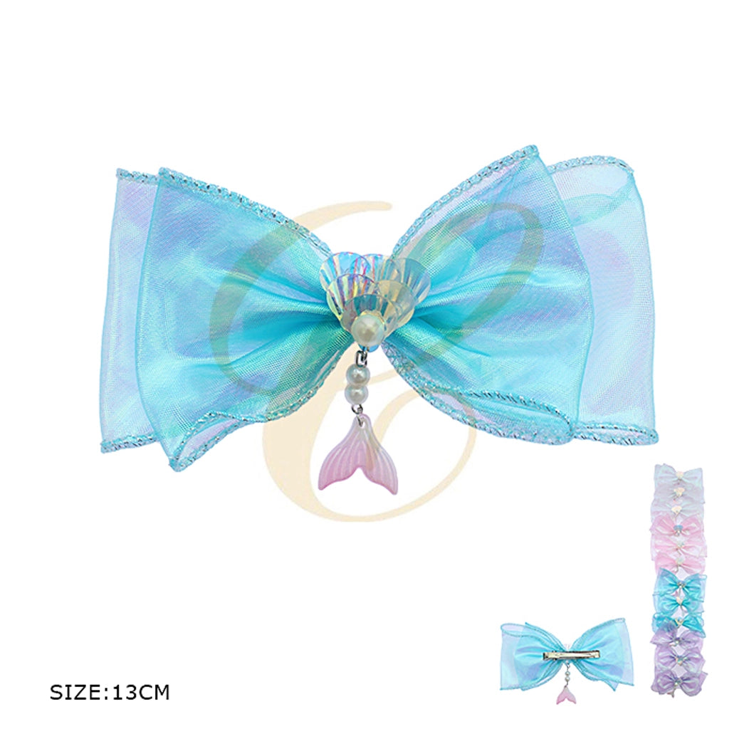 13cm Iridescent Mermaid Organza Hair Bow with Shell & Pearl Tail Charm (RBW-0821R)