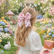 Pink Gingham Cherry Print Hair Bow Clip - Coquette Cottagecore Accessory