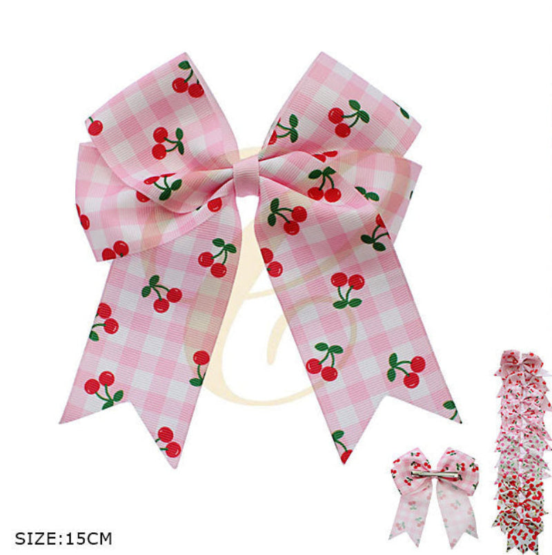 Pink Gingham Cherry Print Hair Bow Clip - Coquette Cottagecore Accessory
