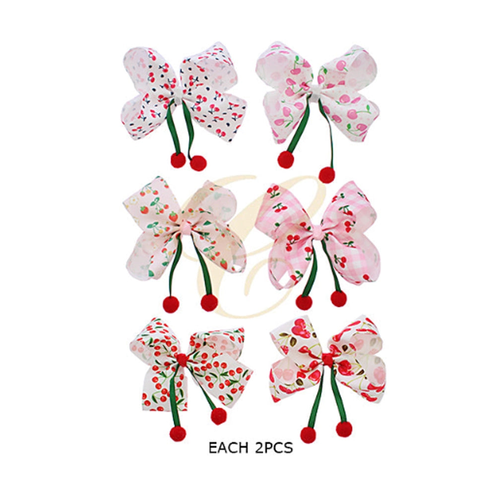 Sweet Cherry Print Hair Bow (15CM) with Pom-Poms - Kawaii Coquette Statement Clip