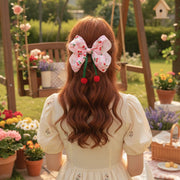 Sweet Cherry Print Hair Bow (15CM) with Pom-Poms - Kawaii Coquette Statement Clip