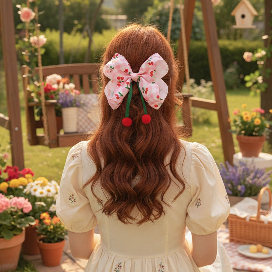 Sweet Cherry Print Hair Bow (15CM) with Pom-Poms - Kawaii Coquette Statement Clip