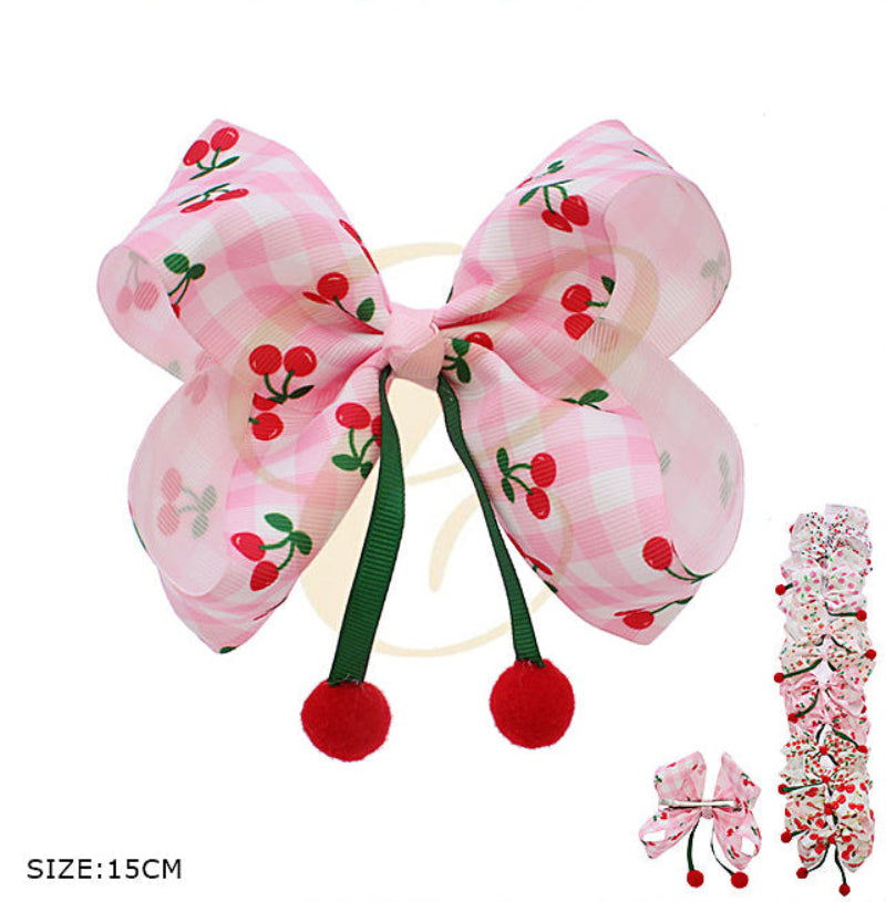 Sweet Cherry Print Hair Bow (15CM) with Pom-Poms - Kawaii Coquette Statement Clip