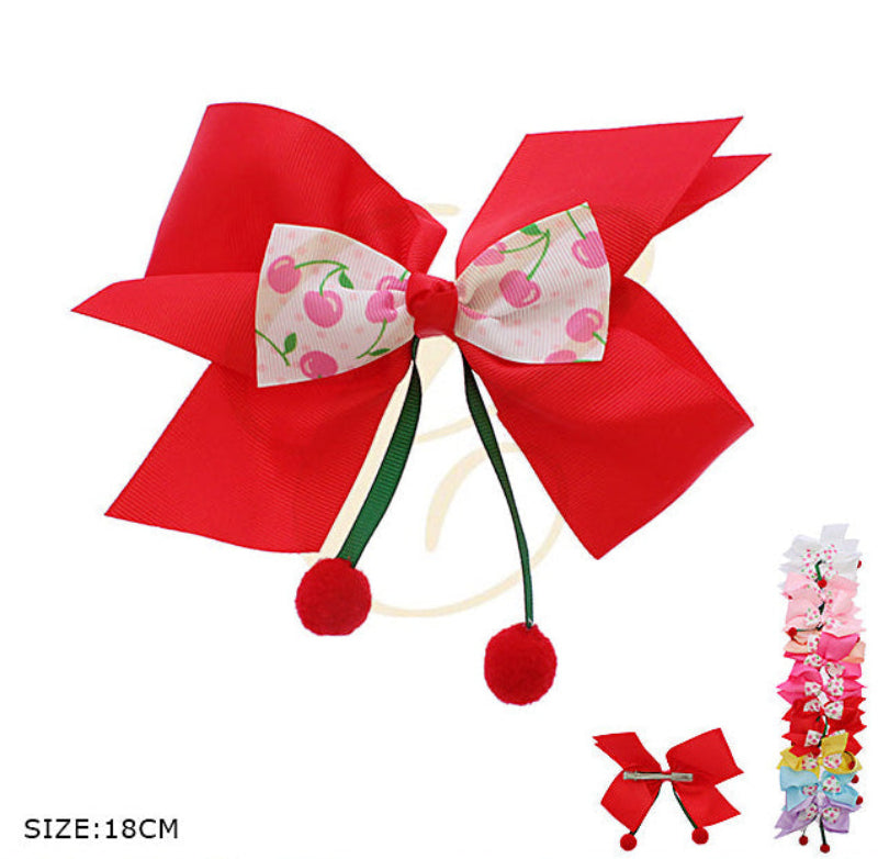 Layered Cherry Dangle Hair Bow Clip Set - Kawaii Coquette Accessory (8 Colors)