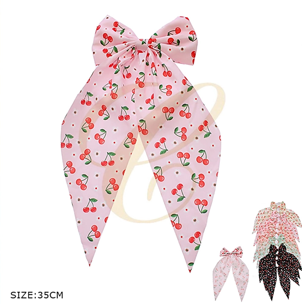 Vintage Cherry Print Hair Bow Set – Large 35cm Satin Ribbon Streamer Hair Clips for Women & Girls (RBW-1198R)