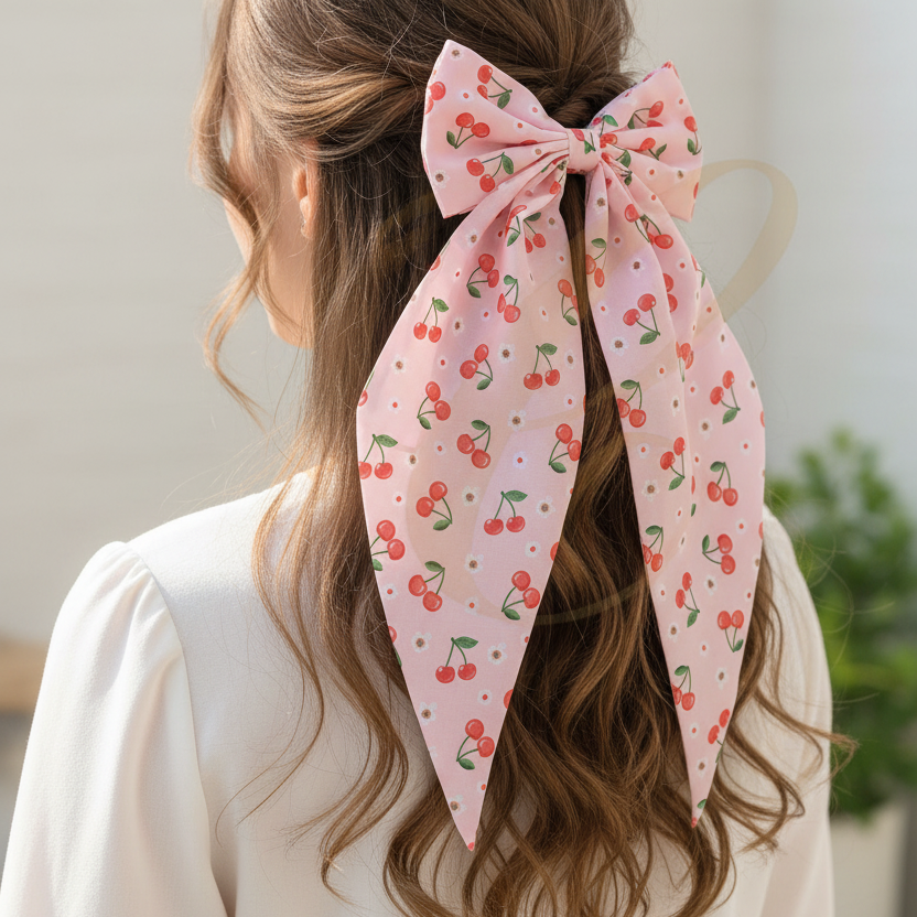 Vintage Cherry Print Hair Bow Set – Large 35cm Satin Ribbon Streamer Hair Clips for Women & Girls (RBW-1198R)