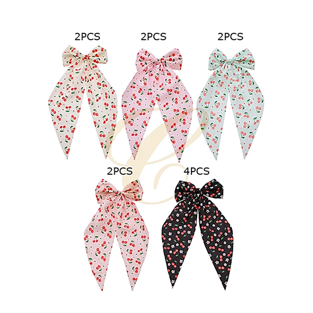 Vintage Cherry Print Hair Bow Set – Large 35cm Satin Ribbon Streamer Hair Clips for Women & Girls (RBW-1198R)