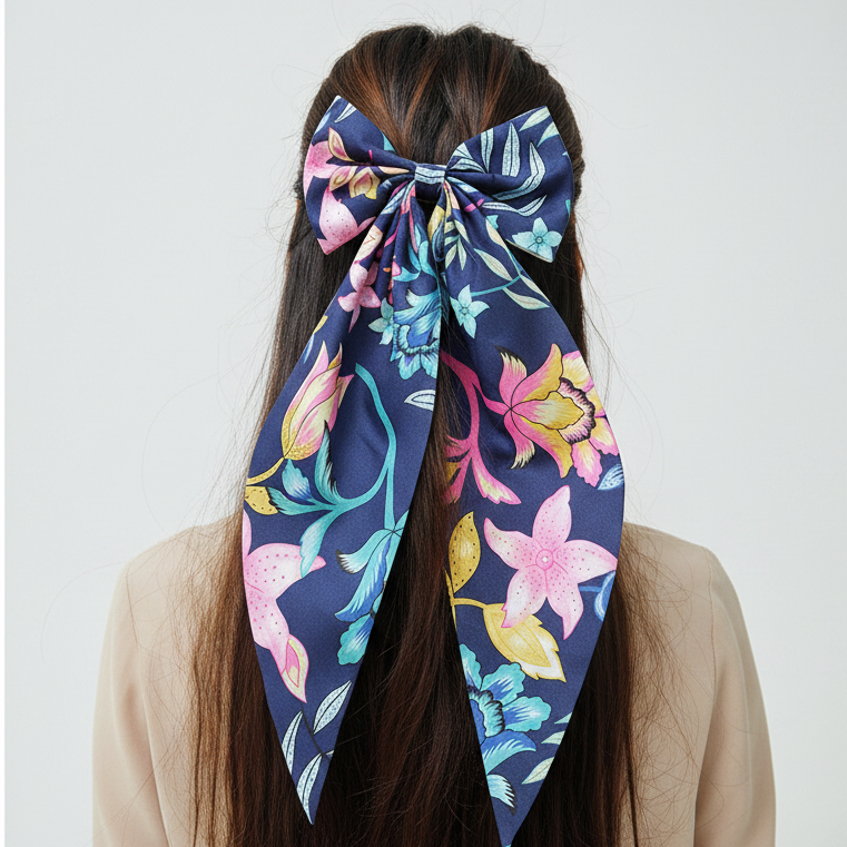 Floral Print Long Tail Hair Bow Clips – 12 Piece Set (6 Colors, 2-Pack Each) | Boho Ribbon Hair Scrunchies & Bows for Women & Girls (38 cm) (RBW-1316R)