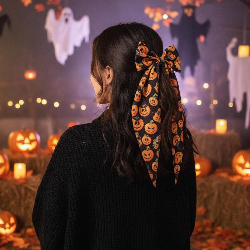 Halloween Pumpkin Print Long Tail Hair Bow Set – 32cm Festive Jack-O'-Lantern Hair Clips for Women & Girls (RBW-1330R)