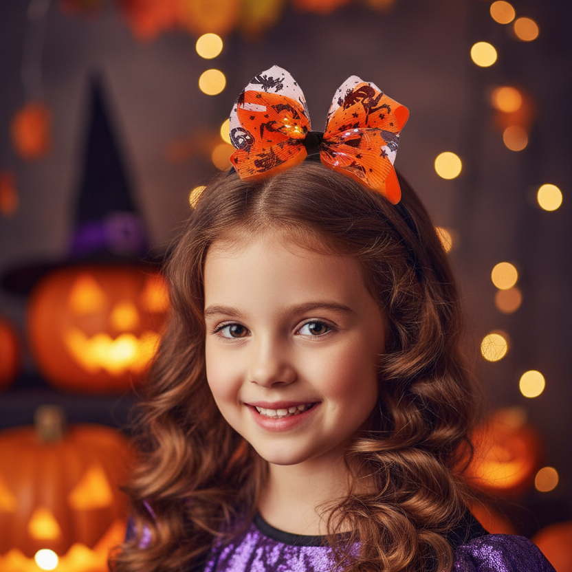 Halloween LED Glowing Hair Bow Clip Set – Spooky Printed Bows for Girls, Kids & Costume Parties (15cm) (RBW-1335R)
