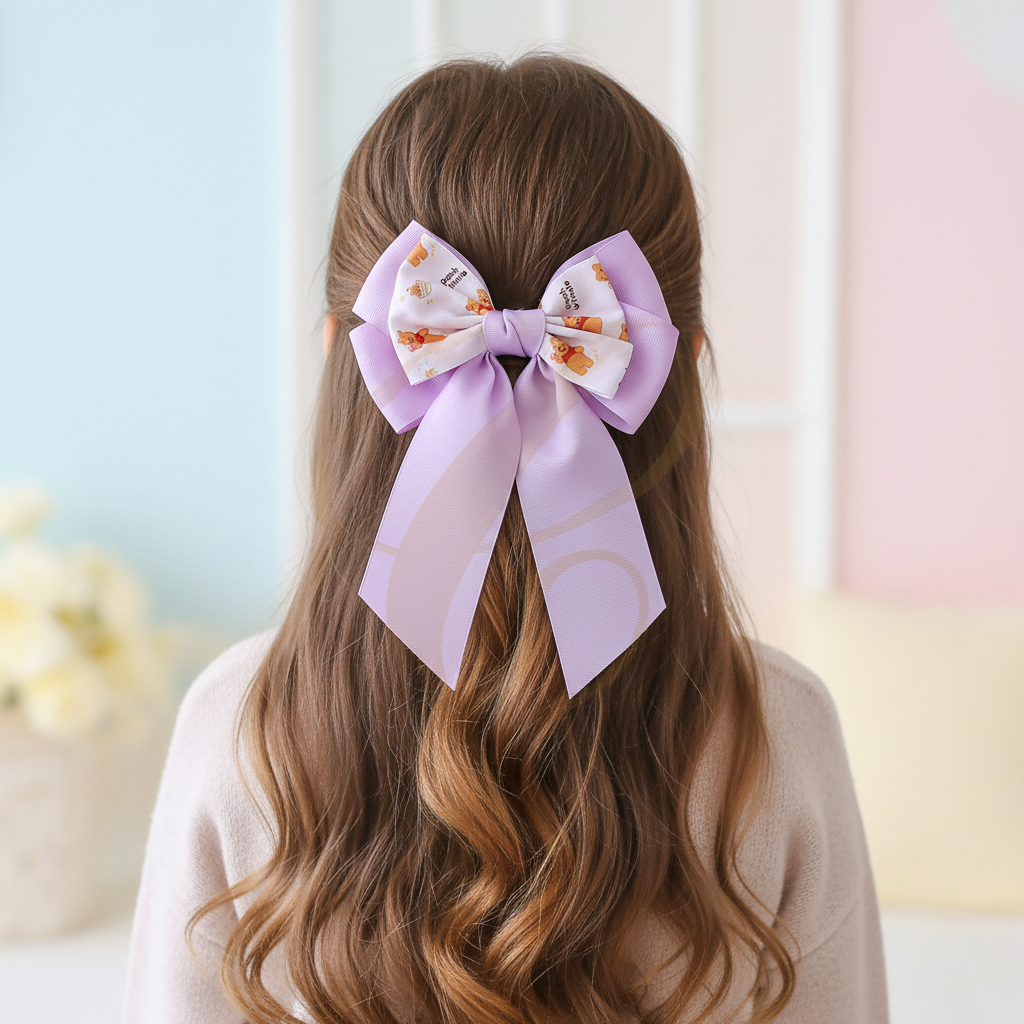 Cute Cartoon Bear Large Ribbon Hair Bow Set – 15cm Pastel Grosgrain Hair Clip Barrette for Girls, Kids & Teens (RBW-1338R)