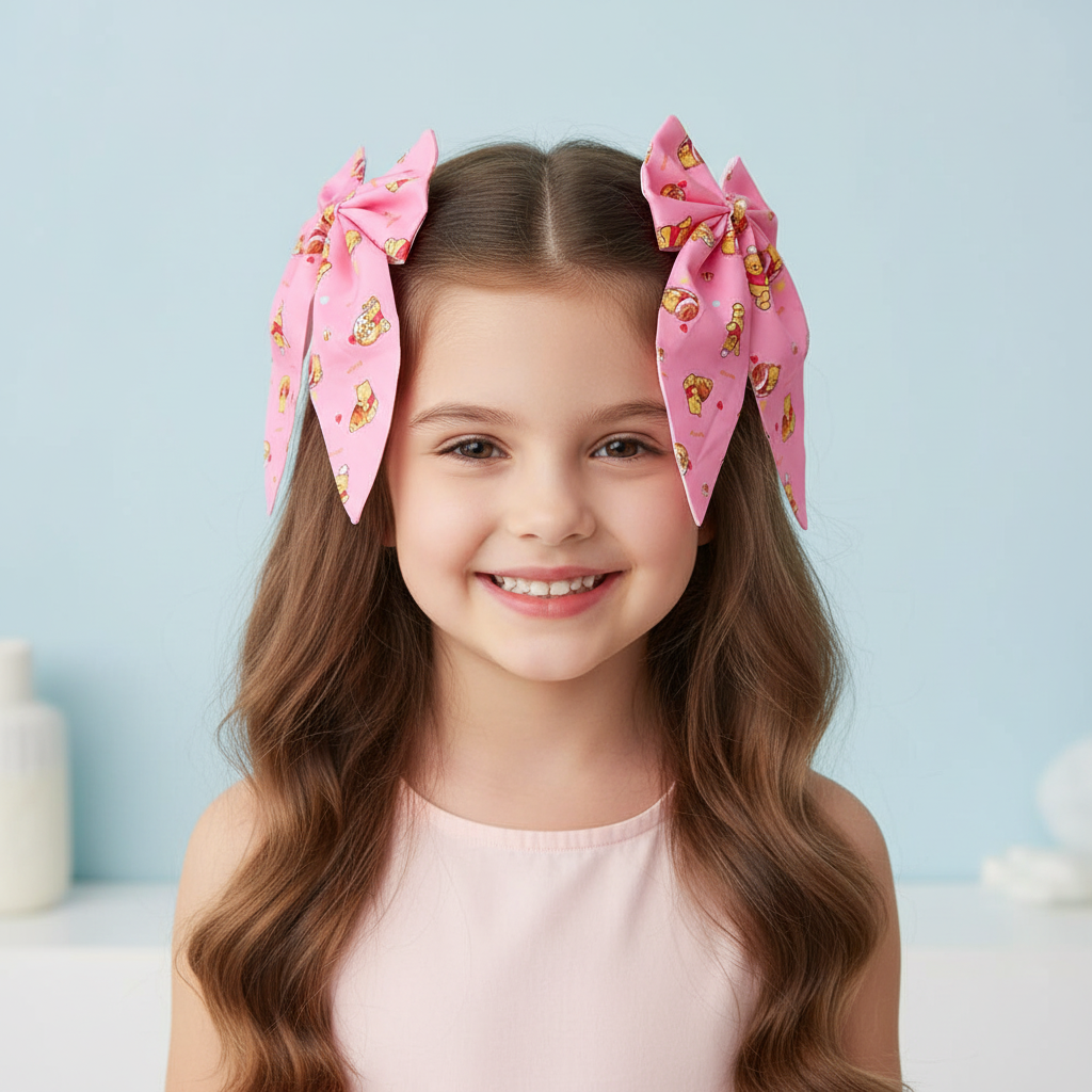 Cartoon Bear Hair Bow Clips Set – 10.5cm Cute Printed Fabric Hair Accessories with Alligator Clips for Baby Girls, Toddlers & Kids (6 Pastel Colors) (RBW-1340R)