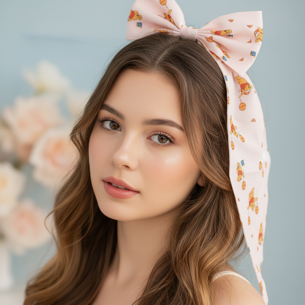 Oversized Cute Bear Print Hair Bow Clips with Long Streamers – Large Ribbon Hair Bows for Women & Girls (32cm) (RBW-1341R)
