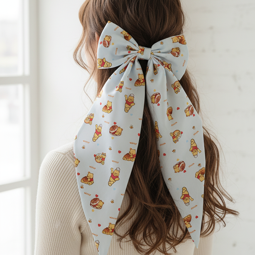 32cm Long Tail Hair Bow Clip with Cute Cartoon Bear Print – Large Oversized Ribbon Hair Accessory for Women, Girls, & Theme Park Costumes (RBW-1342R)