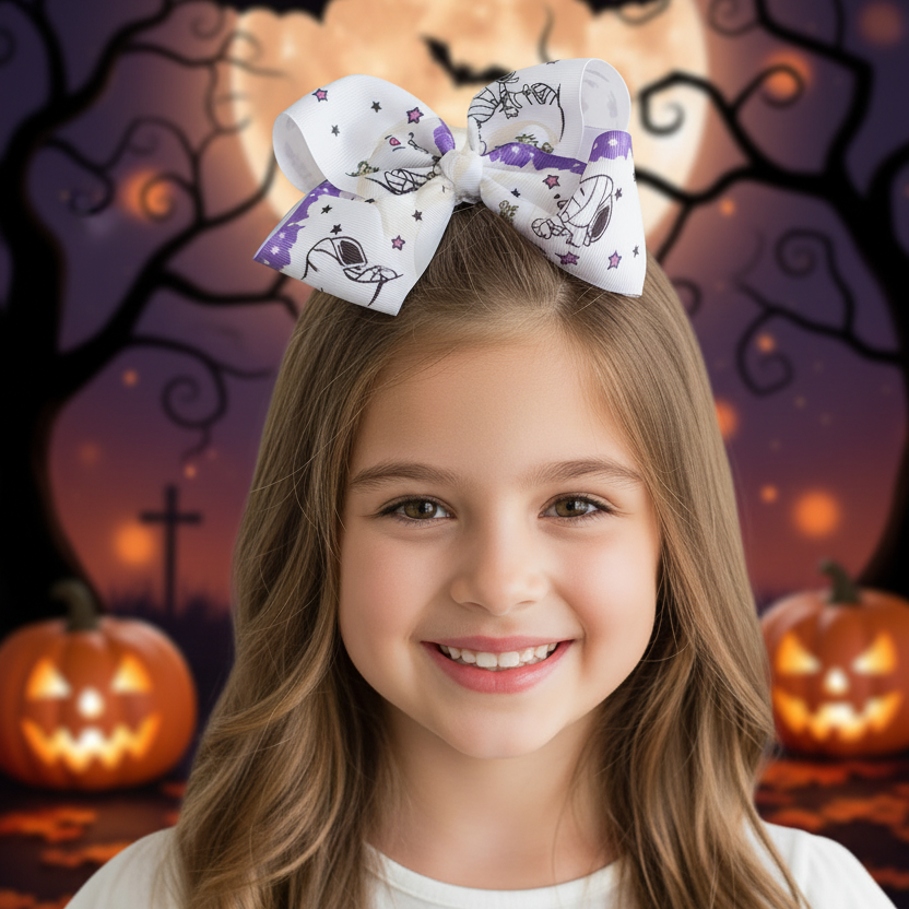 18cm Halloween Hair Bow Clips Set - Spooky Mummy & Ghost Grosgrain Ribbon Hair Bows for Girls (3-Pack) (RBW-1393R)