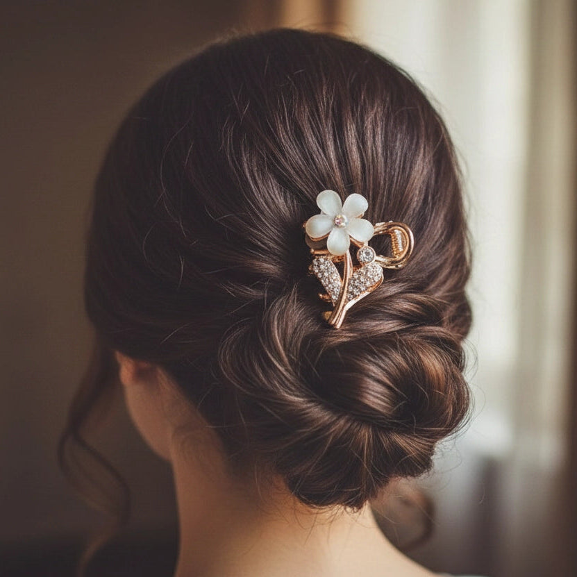 Floral Rhinestone Mini Hair Claw Clip (RCP-0654GS)