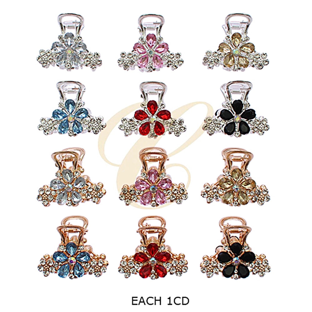 Sparkling Floral Rhinestone Crystal Mini Hair Claw Clip – Elegant Rose Gold & Silver Metal Jaw Clip (RCP-0657R6)