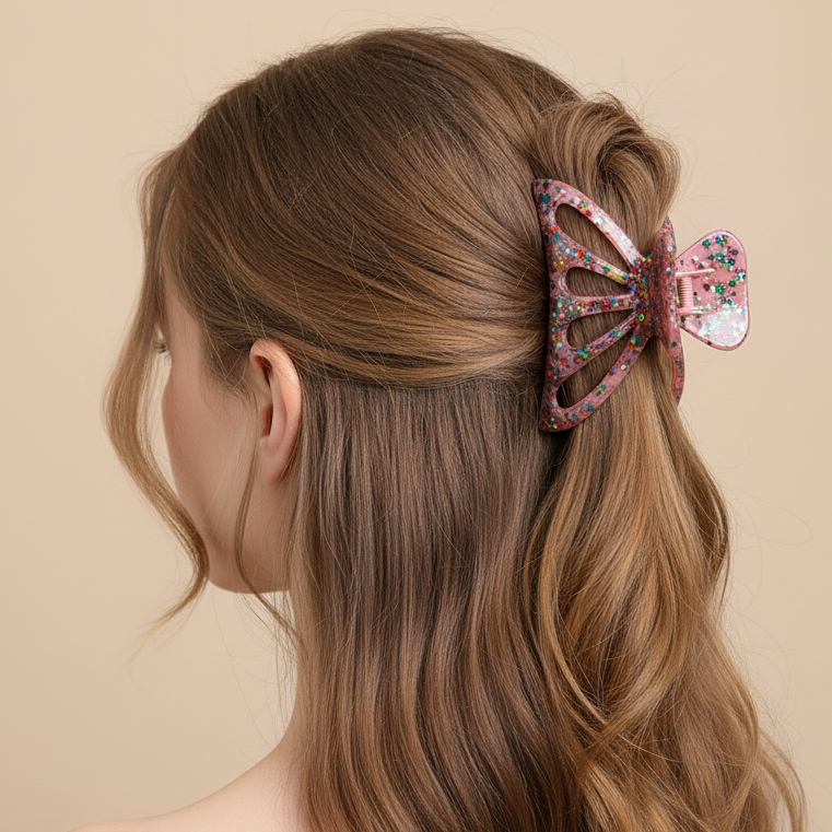 Sparkle Butterfly Resin Hair Claw Clip – Large Non-Slip Hair Clamp (RCP-0752R6)