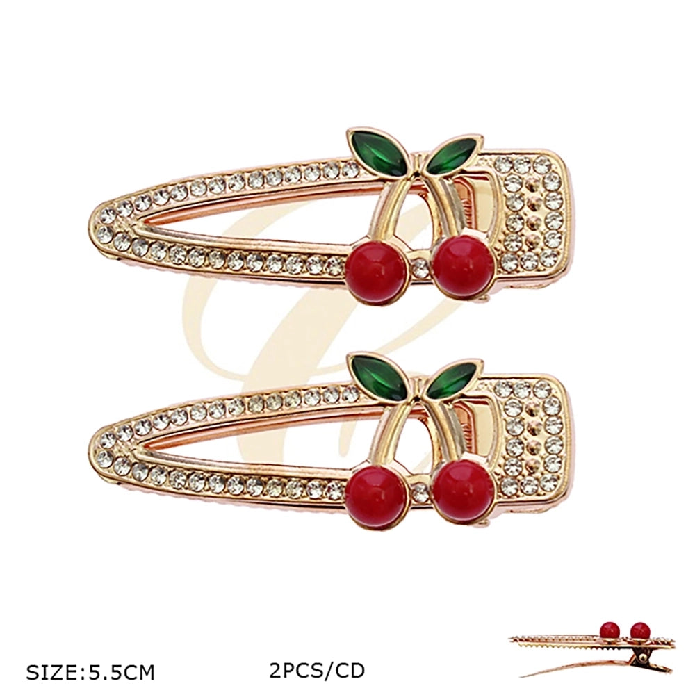 Sparkly Cherry Rhinestone Hair Clips – 2pc Gold & Silver Enamel Fruit Snap Clips Hair Accessories for Women & Girls (RCP-0772GS)
