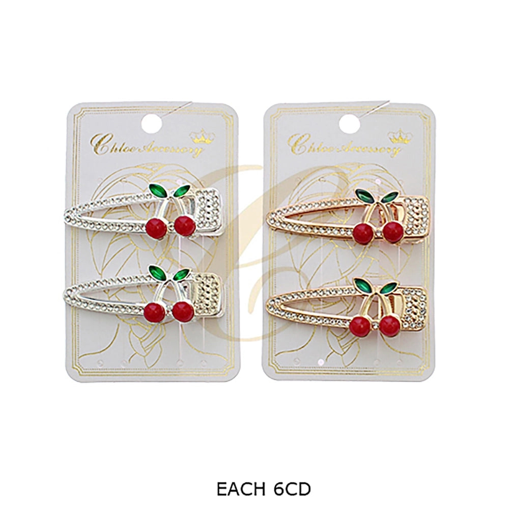 Sparkly Cherry Rhinestone Hair Clips – 2pc Gold & Silver Enamel Fruit Snap Clips Hair Accessories for Women & Girls (RCP-0772GS)