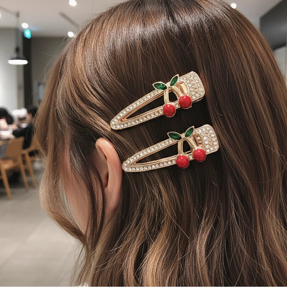 Sparkly Cherry Rhinestone Hair Clips – 2pc Gold & Silver Enamel Fruit Snap Clips Hair Accessories for Women & Girls (RCP-0772GS)