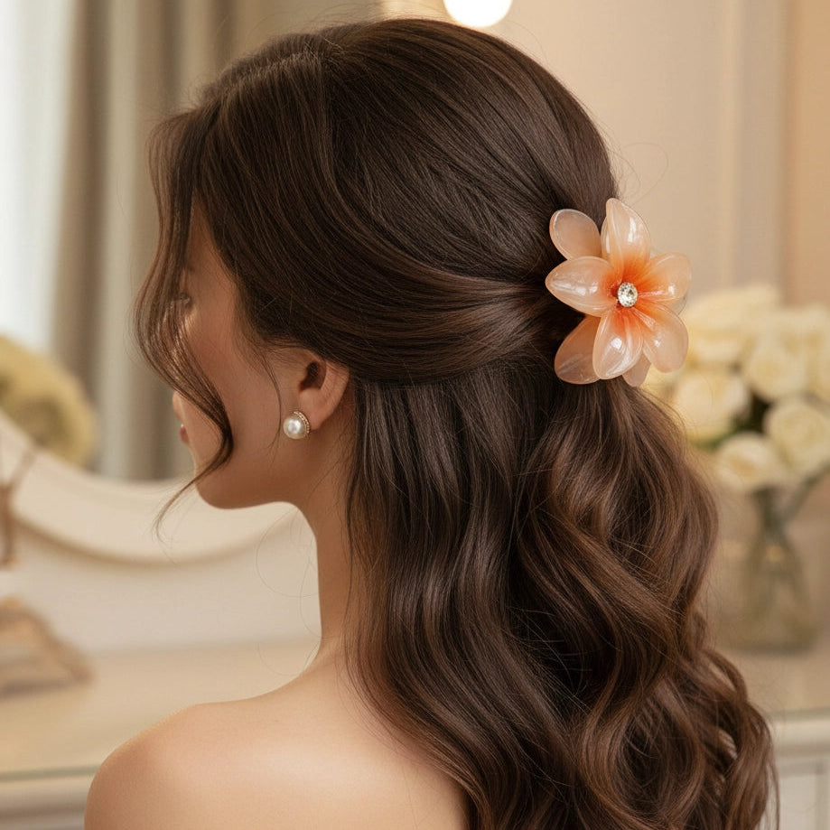 Sparkling Plumeria Flower Hair Claw Clip - 8cm Tropical Floral Hair Accessory (RCP-0781R)