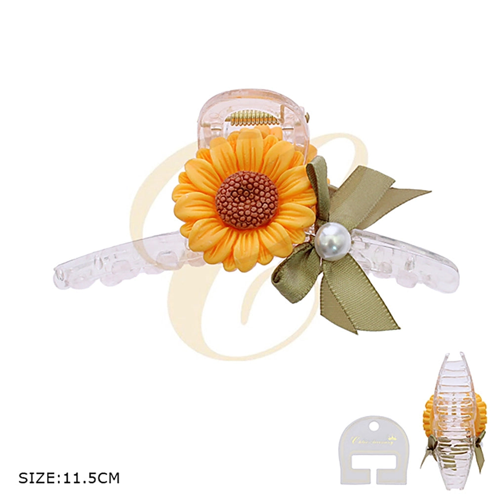 Sunflower & Olive Ribbon Hair Claw Clip - Large 11.5cm Non-Slip Transparent Hair Jaw with Pearl Accent (RCP-0844R)