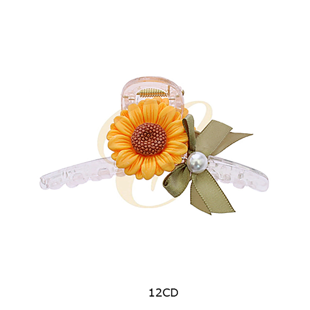 Sunflower & Olive Ribbon Hair Claw Clip - Large 11.5cm Non-Slip Transparent Hair Jaw with Pearl Accent (RCP-0844R)