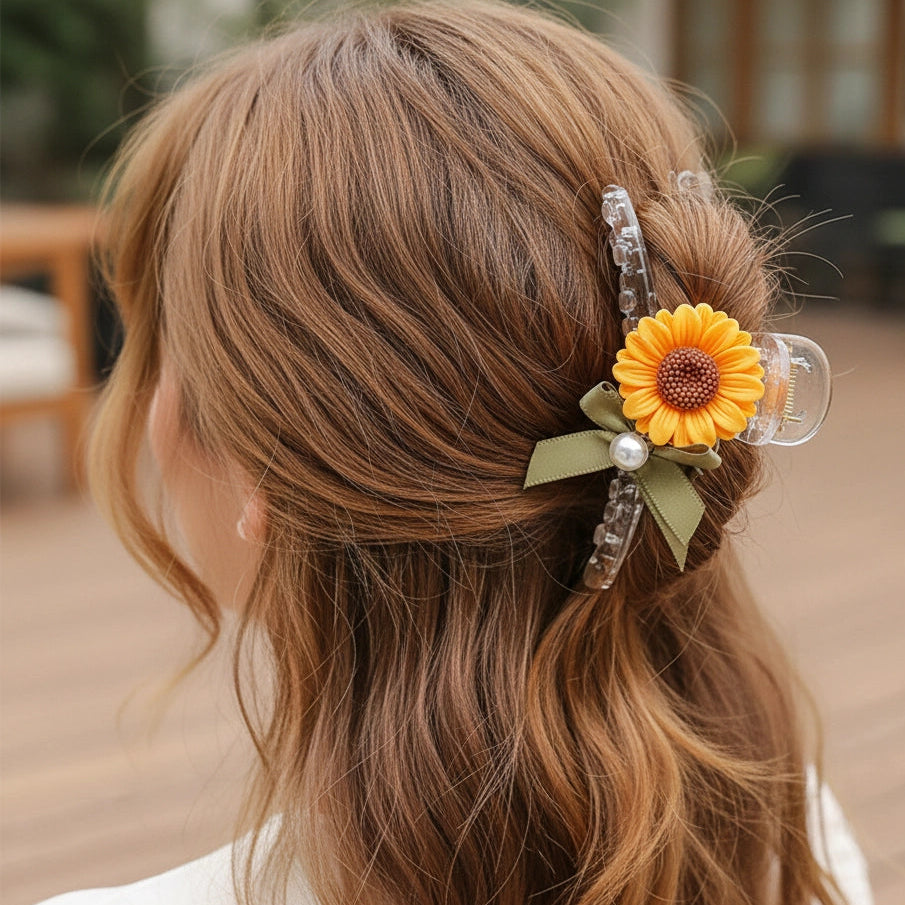 Sunflower & Olive Ribbon Hair Claw Clip - Large 11.5cm Non-Slip Transparent Hair Jaw with Pearl Accent (RCP-0844R)